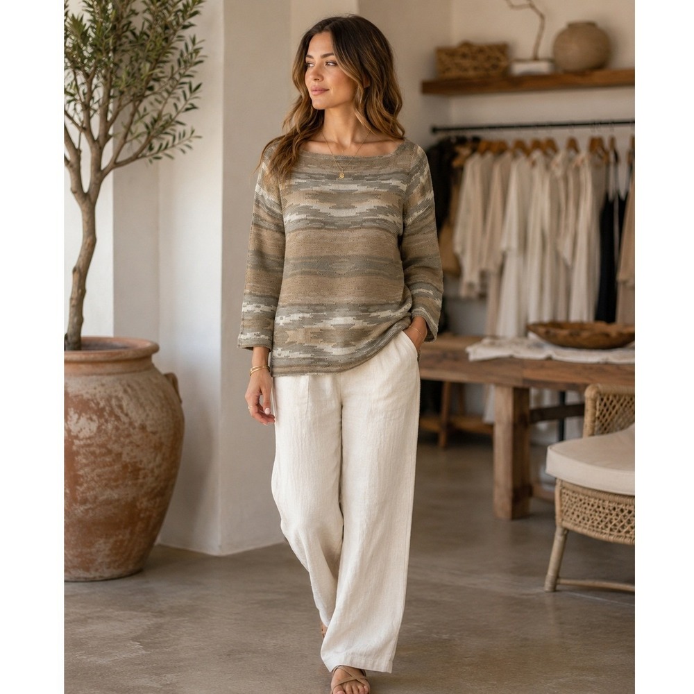 Lauren Ralph Lauren Aztec Linen Blend Sweater Beige L Western Boho